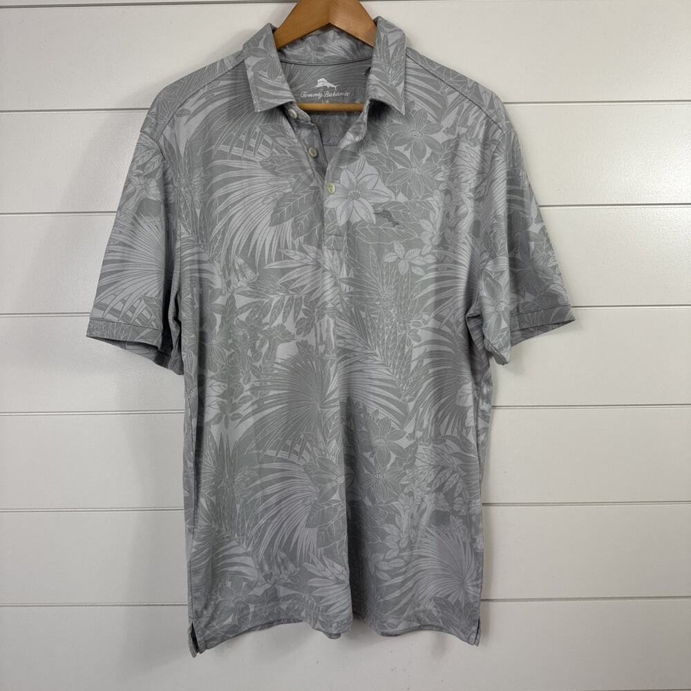 Tommy Bahama Polo Shirt Light Gray Tropical Leaf Print sz L